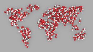 map of world made of pills and capsules